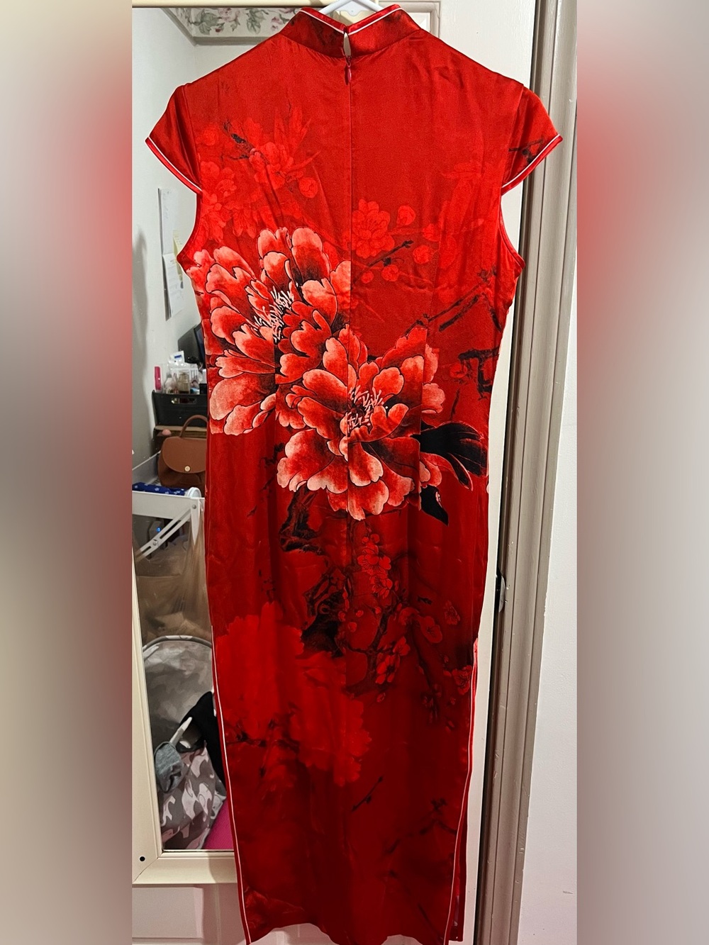 Red Floral Cheongsam Dress - Elegant Mandarin Collar